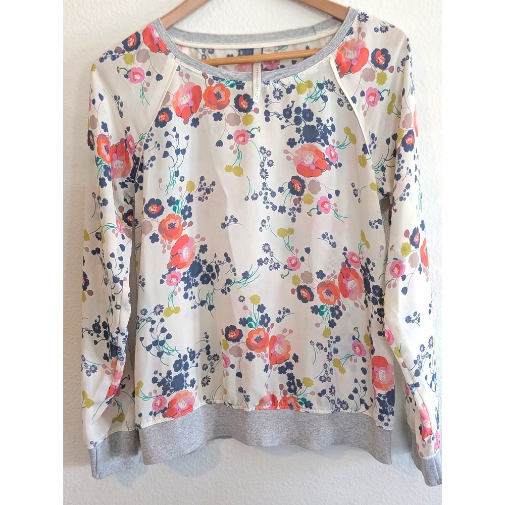 LC Lauren Conrad Womens Floral Long Sleeve Blouse Grey Ribbed Trim Cream Size M